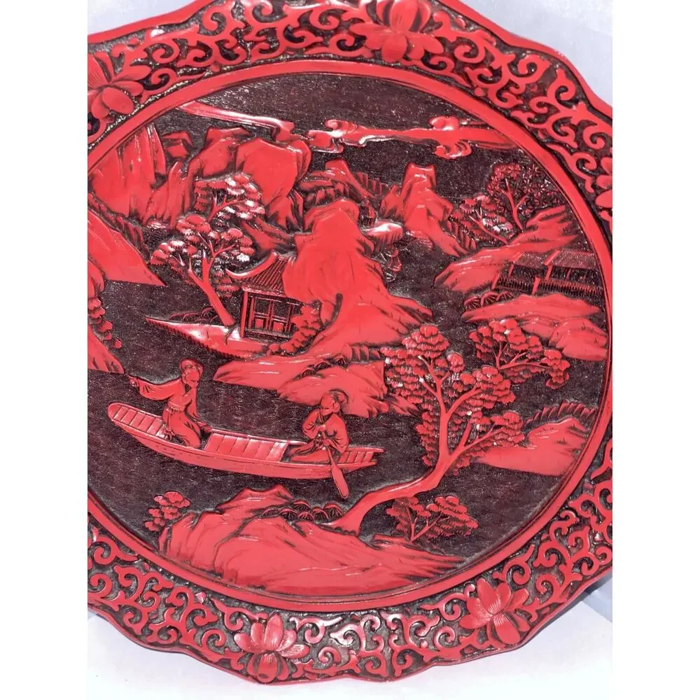 Chinese Hand-Carved Lacquer Red Cinnabar Resin Plate (Boat Scene)
